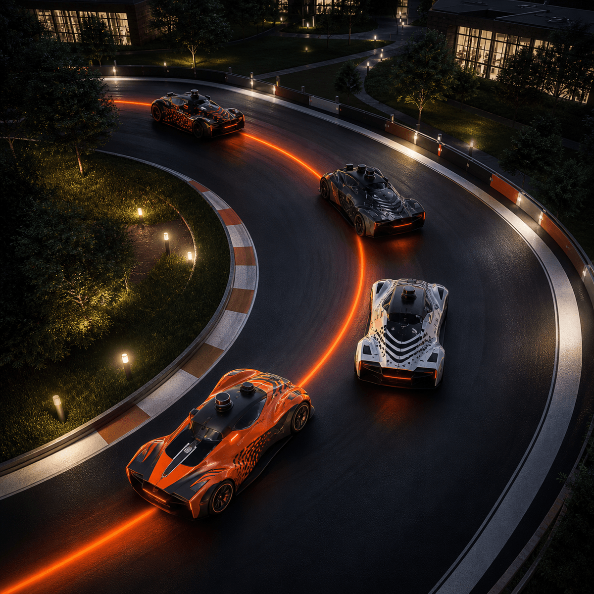 Four autonomous race cars following an orange racing line around a night circuit