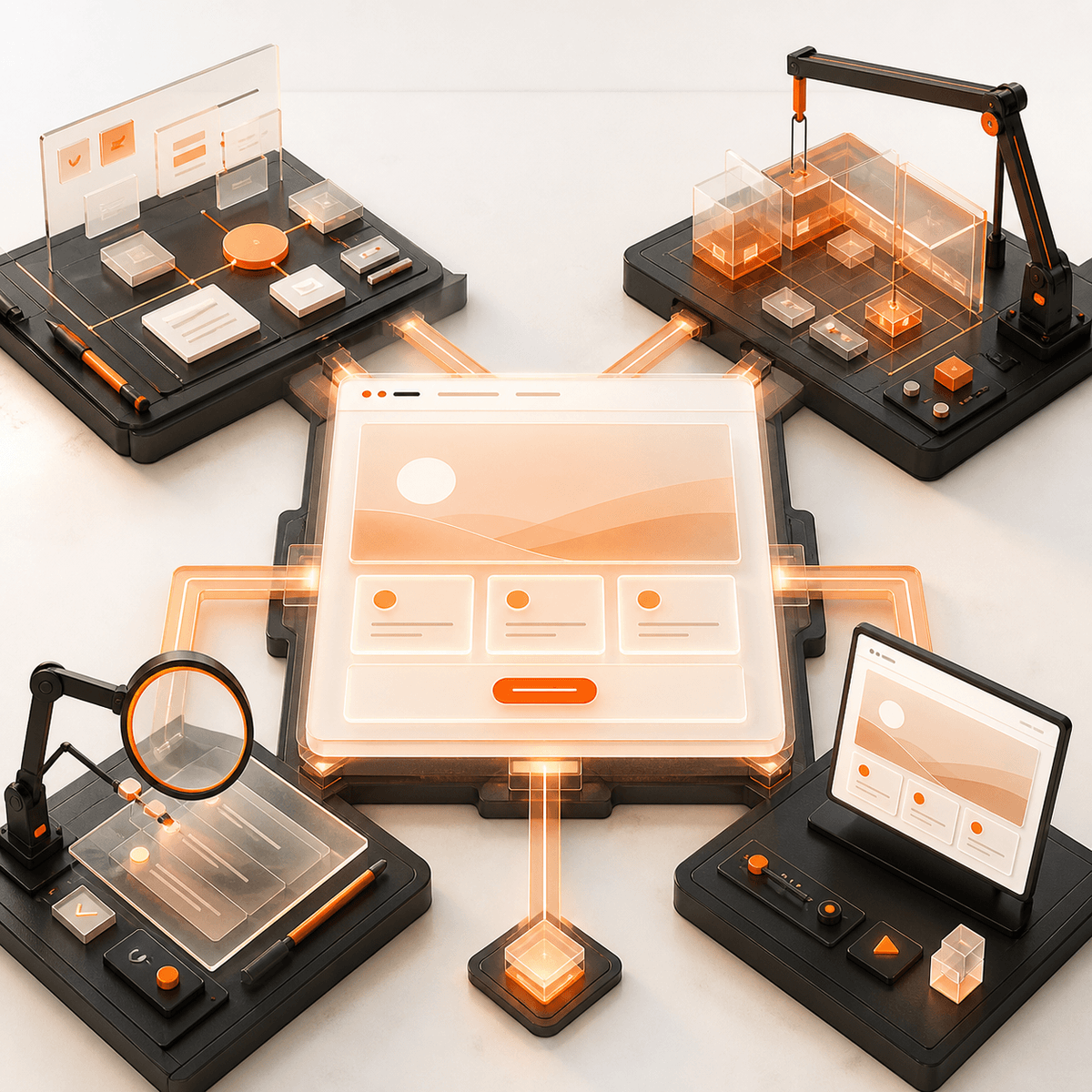 Four connected AI work areas collaboratively assembling a web interface