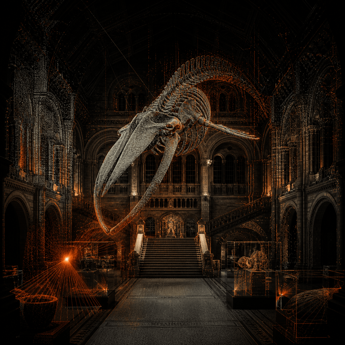 A photogrammetric point-cloud reconstruction of a natural-history hall beneath a blue whale skeleton