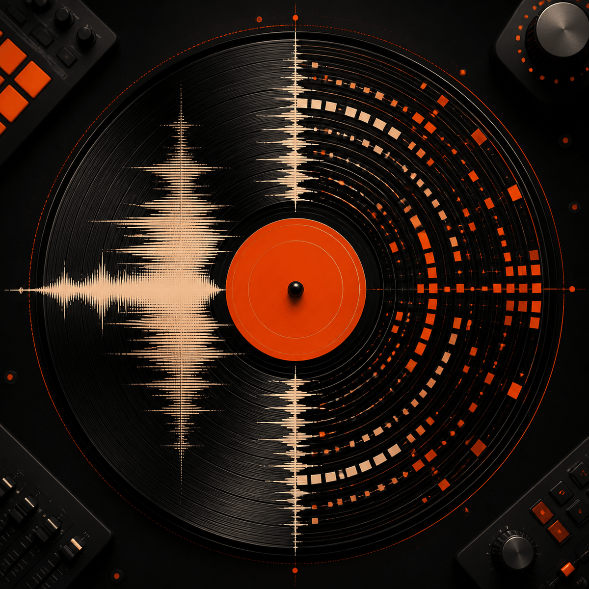 A black vinyl record transforming into an orange and warm-white audio waveform